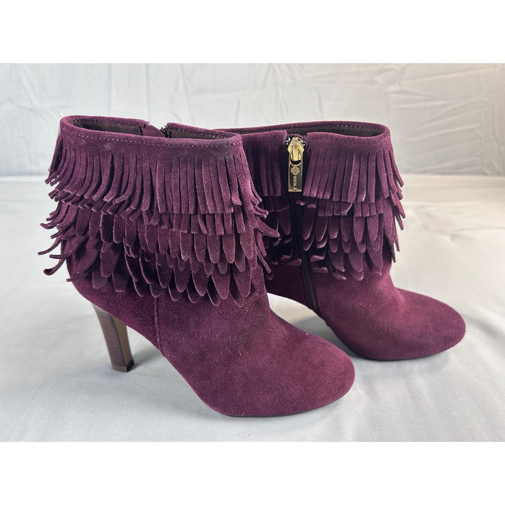 Isola Purple Suede Fringe Ankle Boots Womens 6.5 High‎ Heel Side Zip Booties